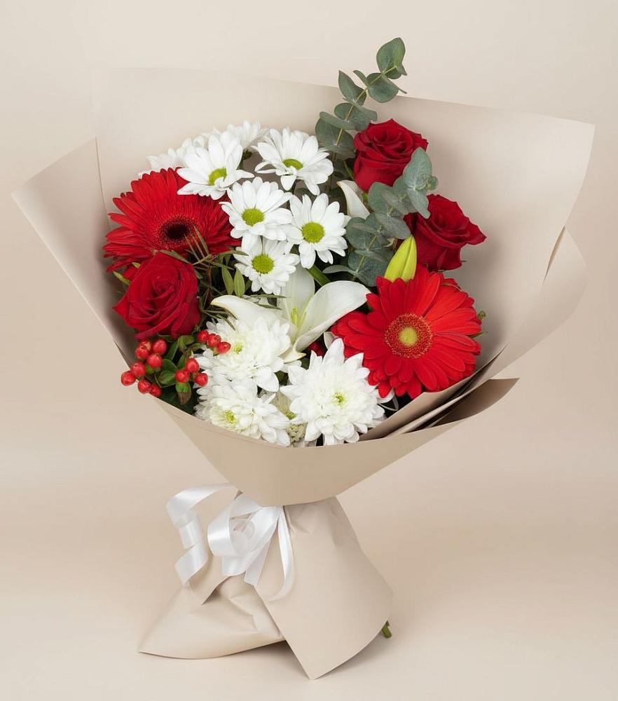 Букет цветов из: Розы, Хризантемы, Герберы и Лилии в Кардымово
