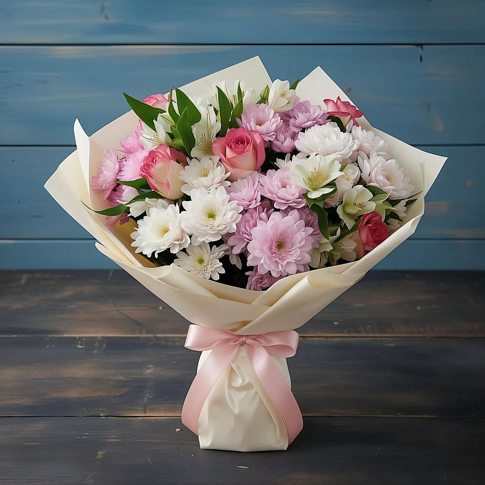 Букет цветов из: Хризантемы, Альстромерии и Розы в Кардымово